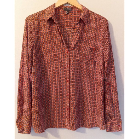 The Limited Blouse Womens L Button Front Roll Tab Sleeve Red Orange Chiffon - Picture 1 of 4